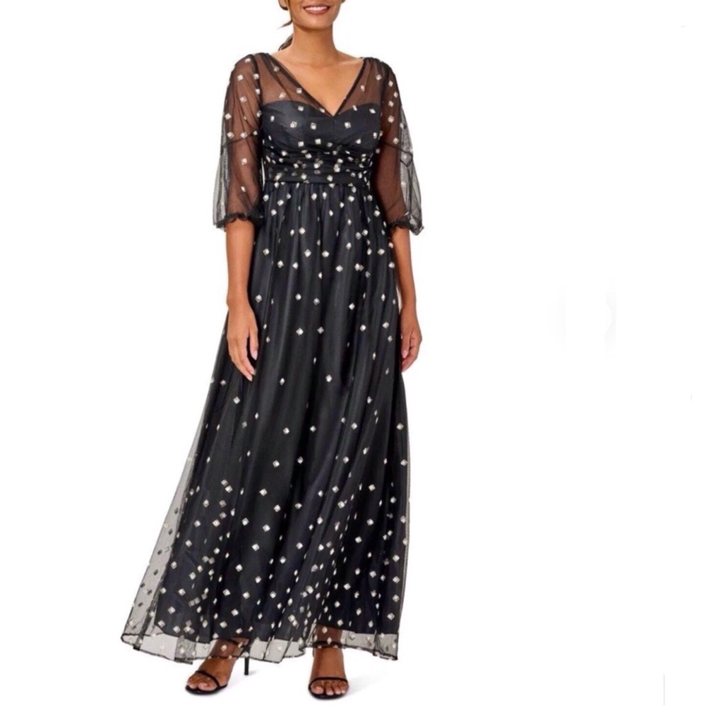 Adrianna Papell Black Gold Glitter Tulle Cocktail Gown V Neck Illusion Size 6